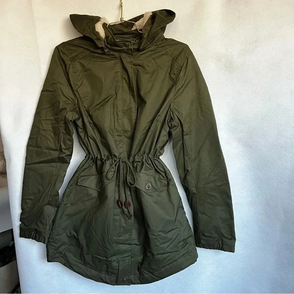 Jacket Parka Removable Faux Fur Hood Quilted Lined Olive Green Drawstring - Picture 1 of 16